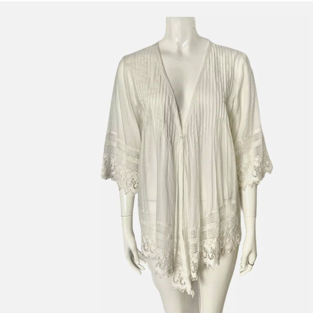 V‎ Christina Sheer White Pleated Crochet Top Blouse Tunic Beach Cover Up Small